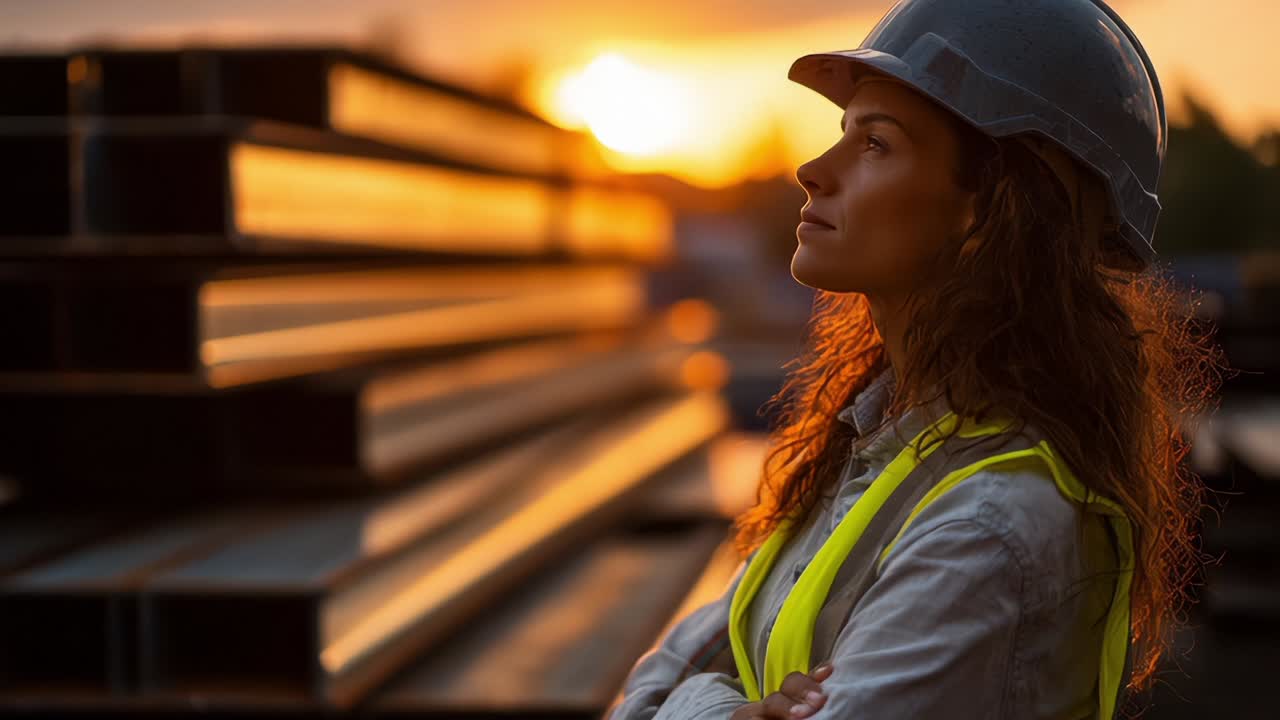 Un'operaia edile pensierosa osserva un bellissimo tramonto, riflettendo sulla sua giornata, circondata da travi d'acciaio e materiali industriali, che mostra forza, determinazione e ispirazione sul posto di lavoro