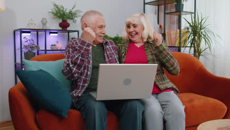 abuelos mayores con computadoras portátiles celebran el éxito ganar dinero en la lotería en línea buenas noticias