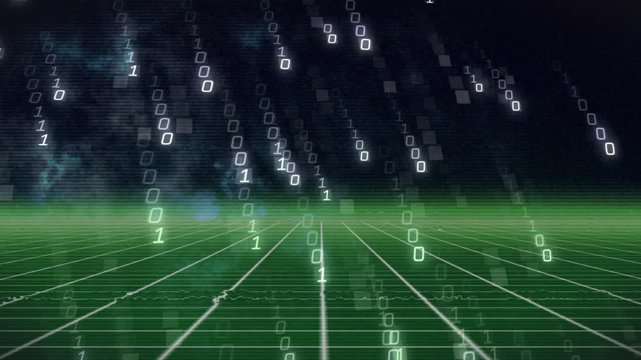 Binary digits appearing at top and drifting over green wireframe grid visualizing digital data flow