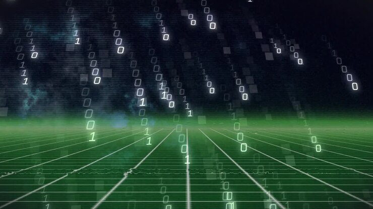 Binary digits appearing at top and drifting over green wireframe grid visualizing digital data flow