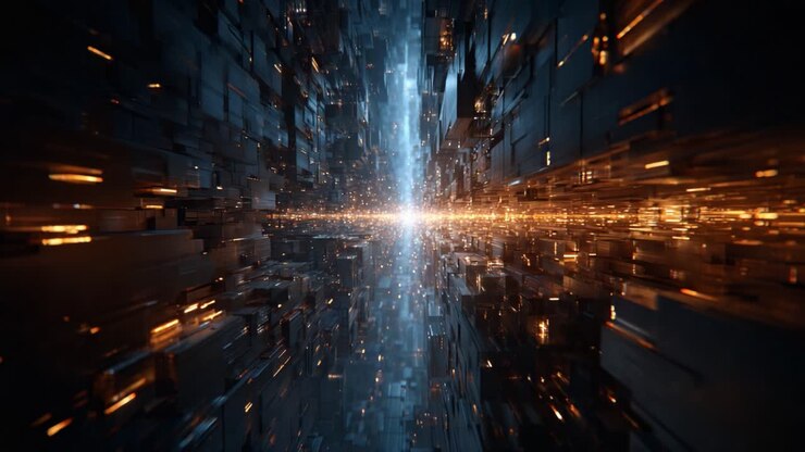 A Stunning Exploration of Abstract Light and Motion through a Digital Abyss, Showcasing a Mesmerizing Burst of Illumination Emerging from a Futuristic Landscape