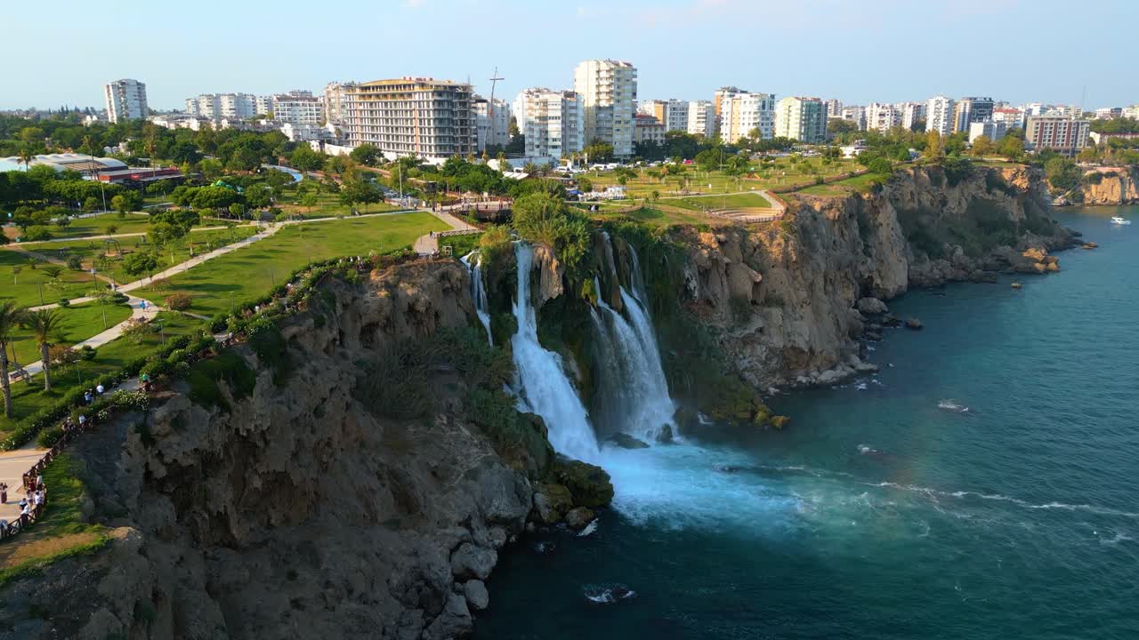 4K Cinematic aerial video capturing the unique beauty of Lower Düden Falls where freshwater meets the Mediterranean -Antalya - Turkey_02