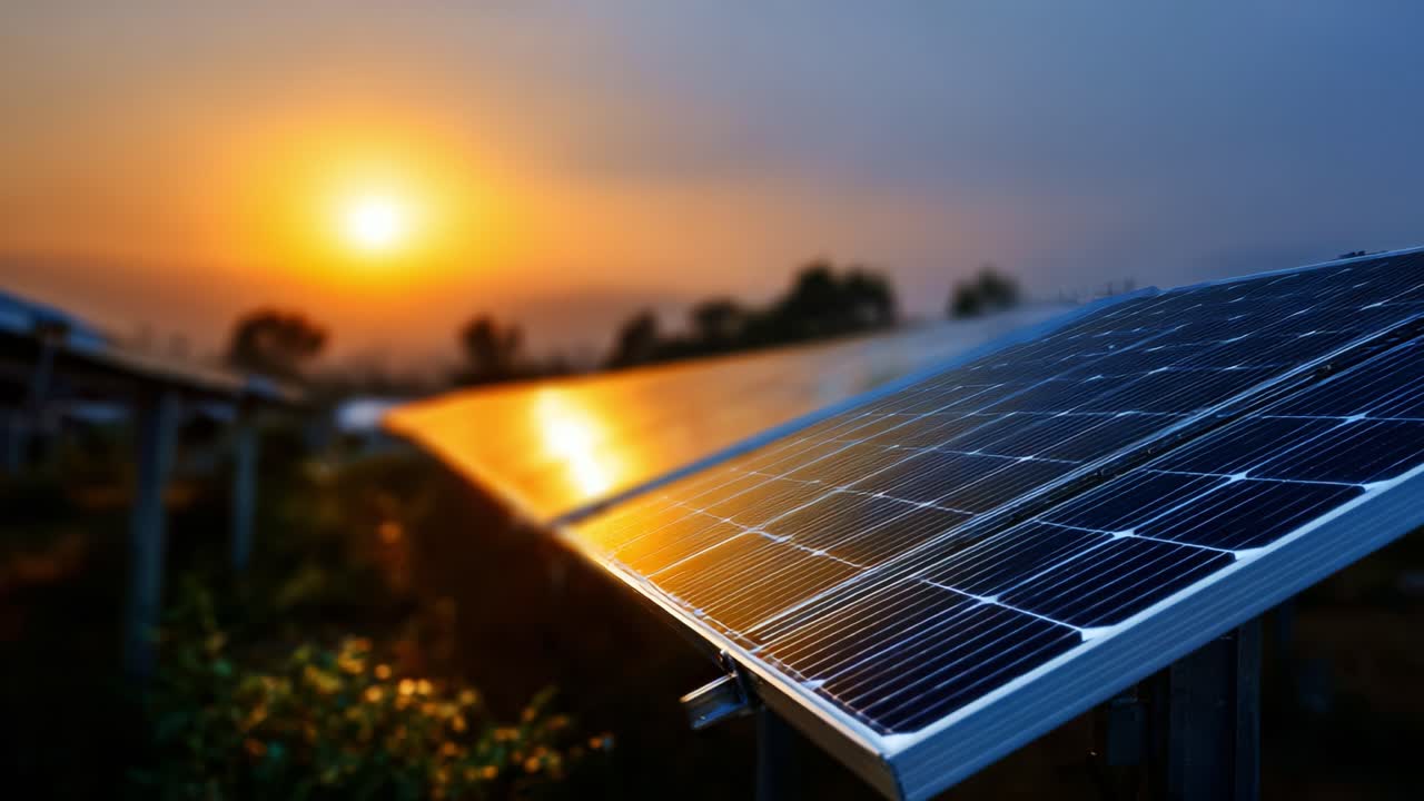 Pannelli solari luccicanti sotto un tramonto intenso, che catturano energia rinnovabile ed esaltano la bellezza della tecnologia sostenibile in un paesaggio tranquillo