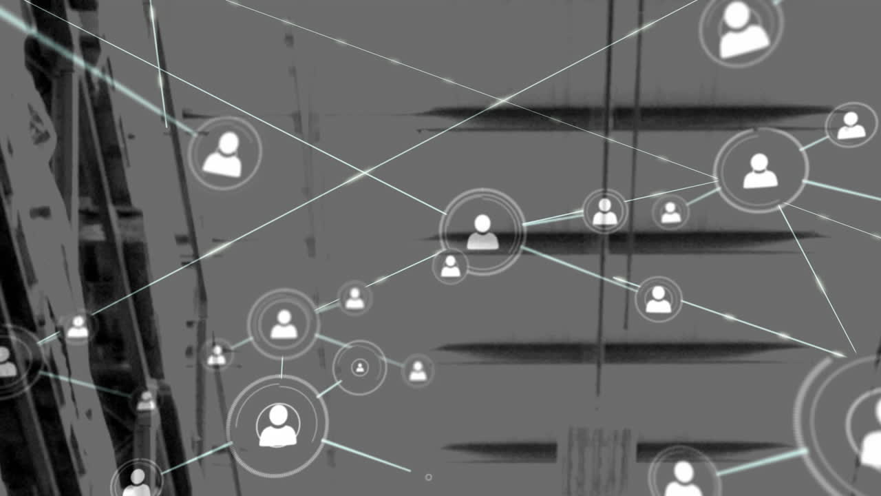 animación de la red de conexiones e iconos sobre el almacén