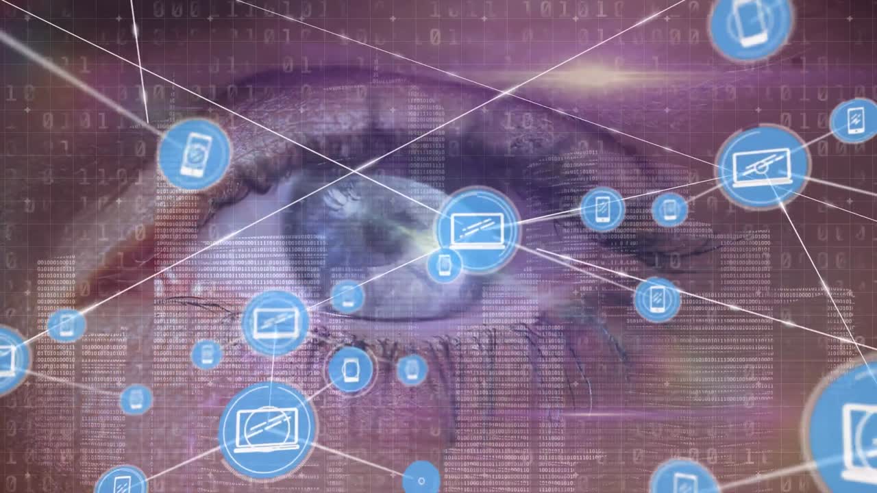 animación de la red de conexiones con iconos y procesamiento de datos sobre el ojo de una mujer caucásica