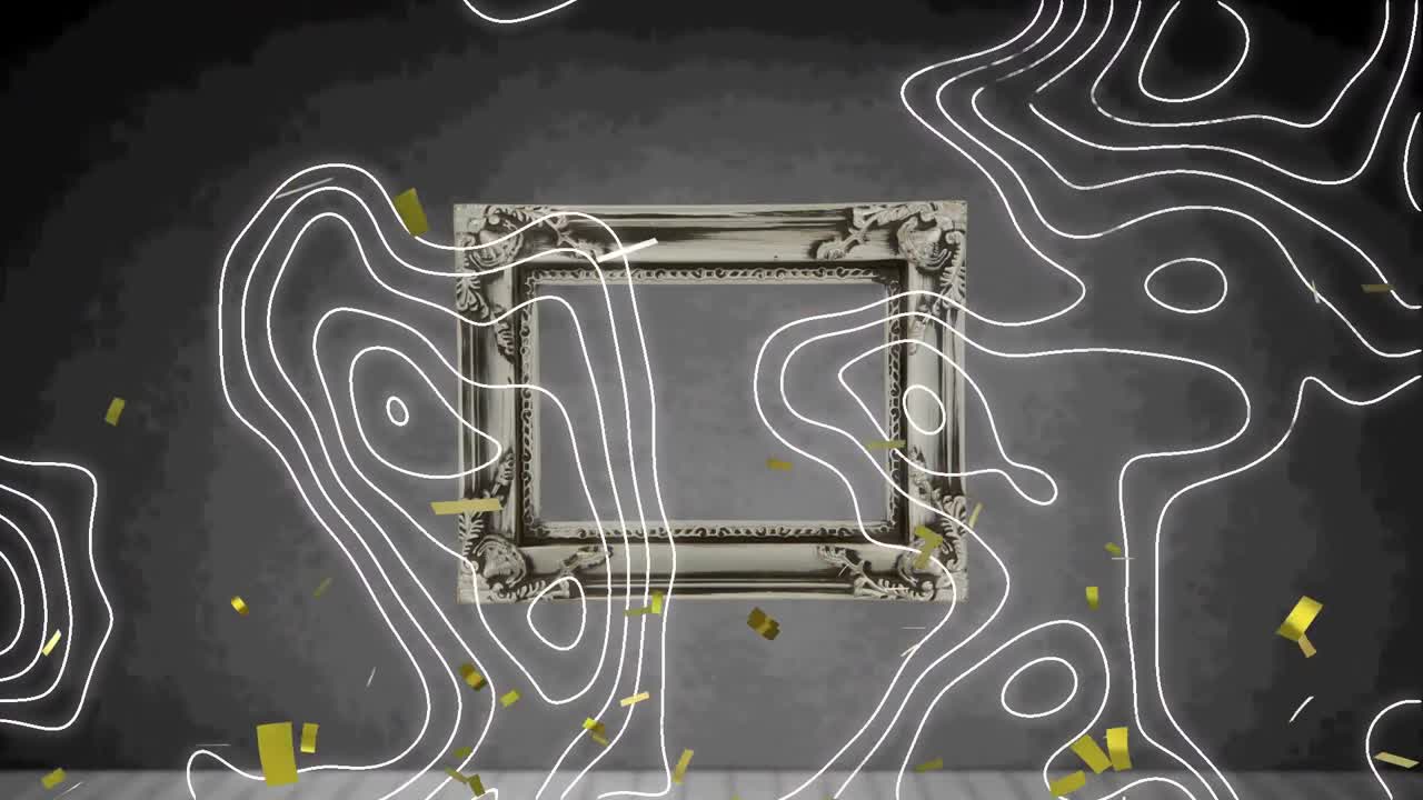 Animation of white shapes and confetti moving over frame on black background