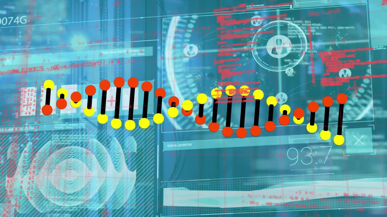 Animation of data processing and dna strand over server room