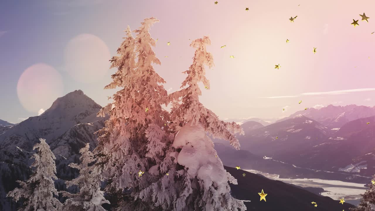 Gold stars starting drifting across snowy pine trees as camera panning revealing frozen lake