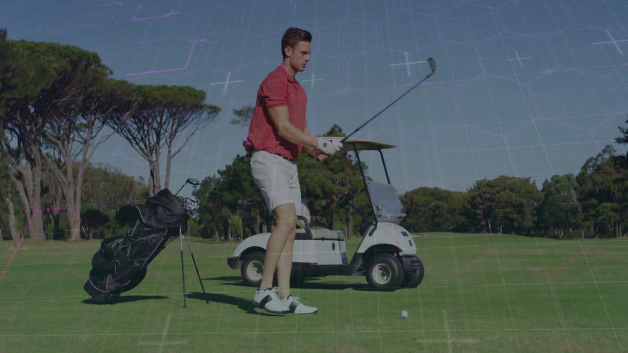 man preparing golf swing on fairway, overlaying shot trajectory graph with sports technology icons