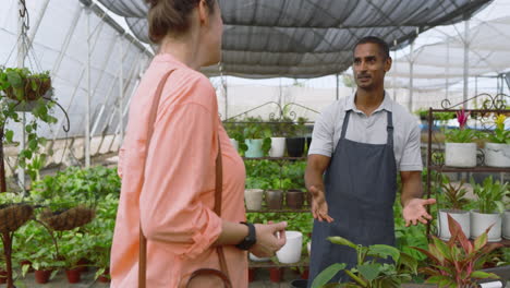 gardener using smartphone in greenhouse, smiling and talking with customer