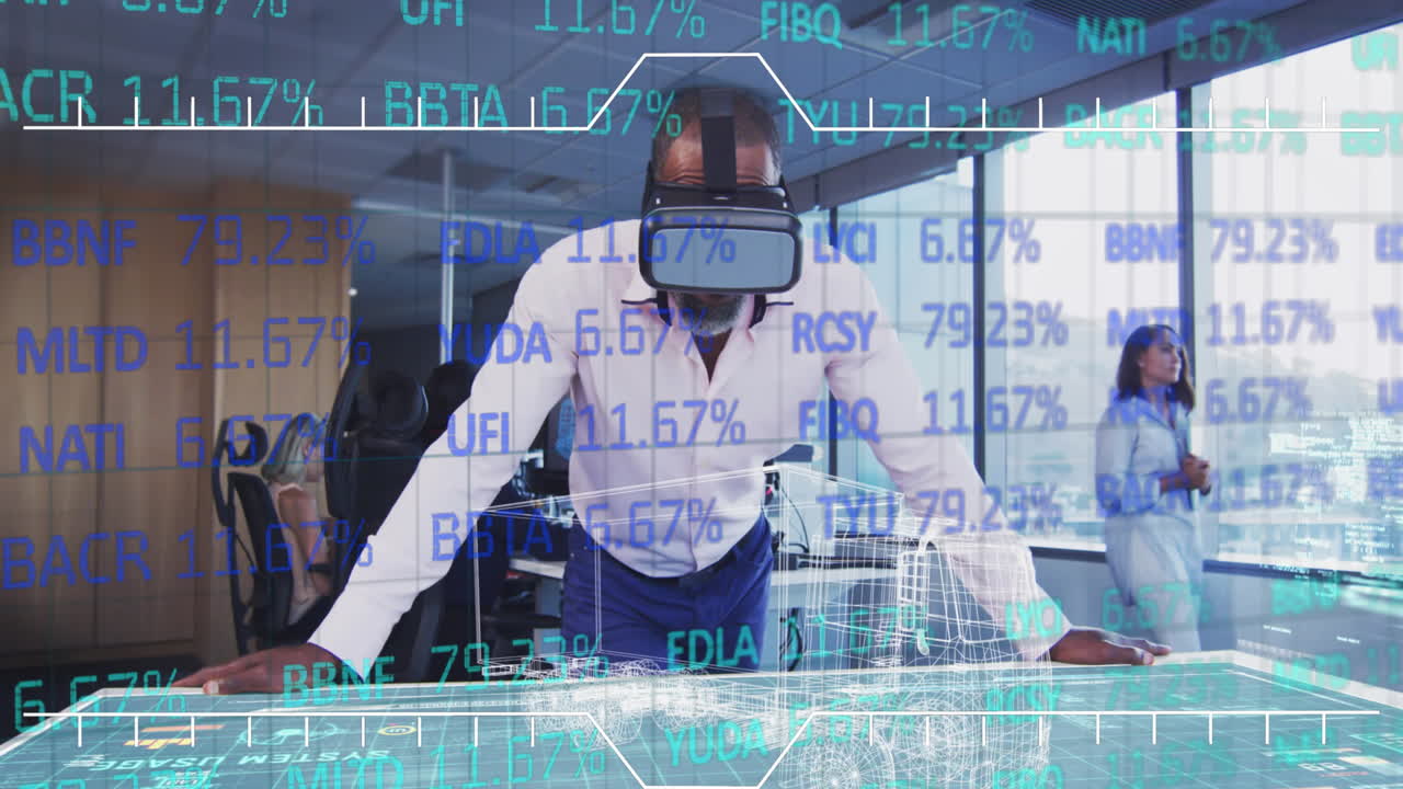 Digital composite video of stock market data processing with interface icons against man wearing vr