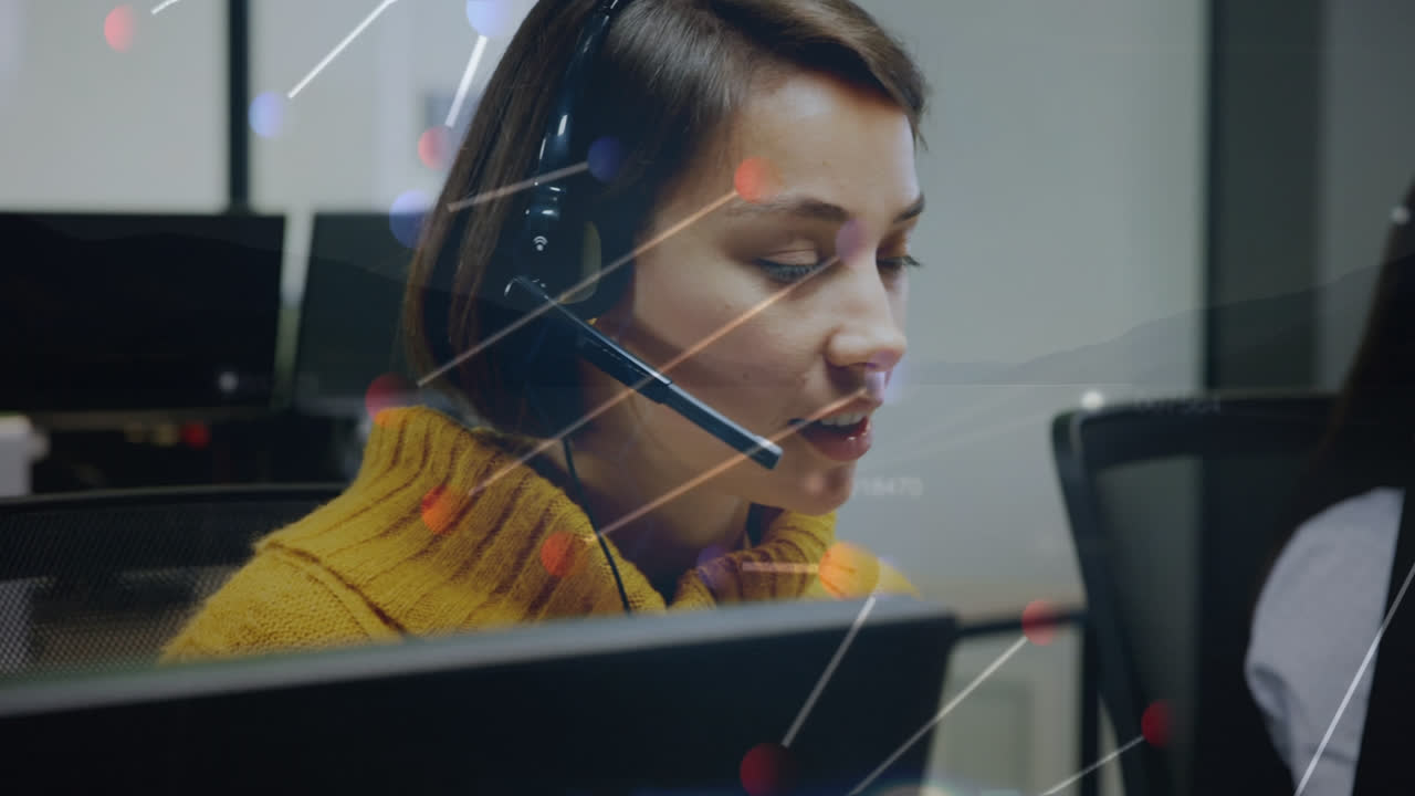 Animation of data processing over caucasian woman using phone headset