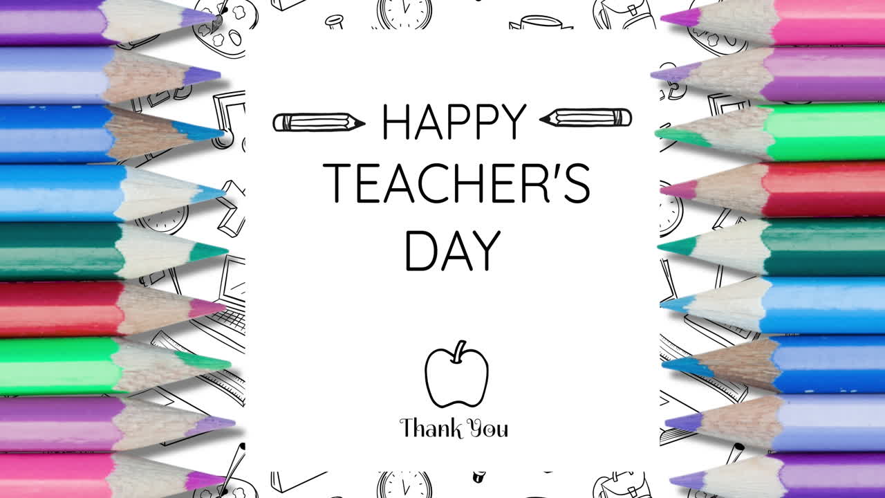 Animation of happy teachers day text over school items icons and pencils