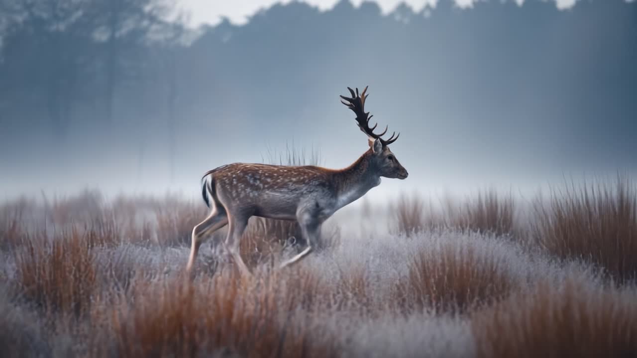 A Majestic Fallow Deer Navigates Through a Misty Landscape at Dawn, Showcasing Its Grace and Natural Beauty Amidst a Serene Background of Frosty Vegetation