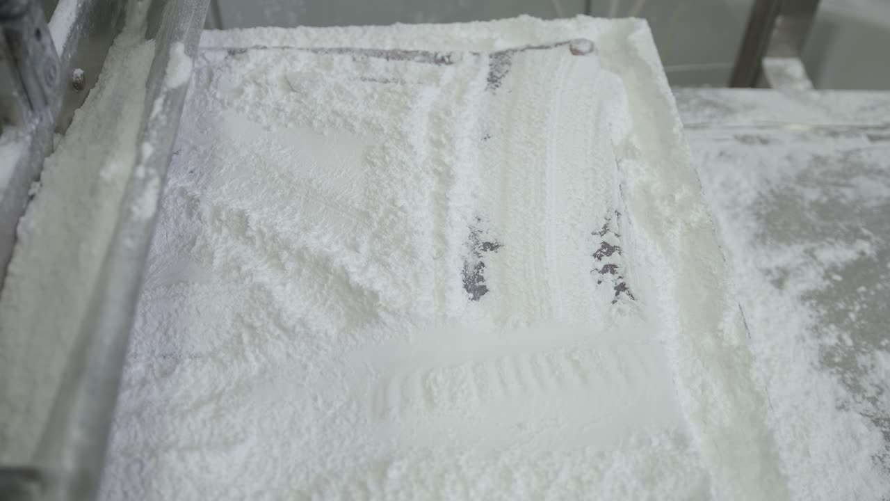 vista lateral de una máquina de fábrica automatizada que corta cuadrados de delicias turcas