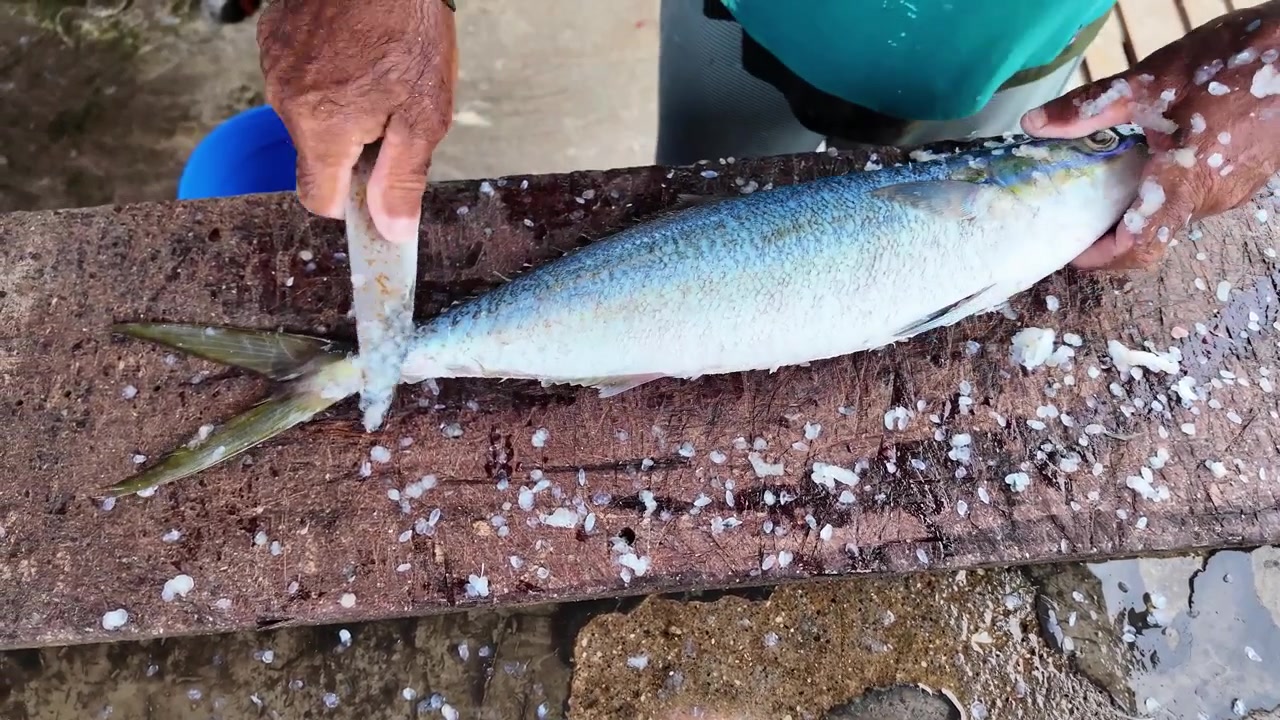 Person is using knife to scale and clean freshly caught Rainbow Runner fish in outdoor fish cleaning station. Translucent fish scales scattered across its body and the dark, textured wooden board.