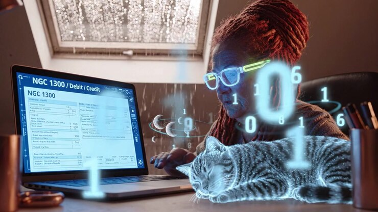 A unique digital experience as a woman interacts with a laptop, augmented by glowing data effects and a serene cat, showcasing technology in everyday life.