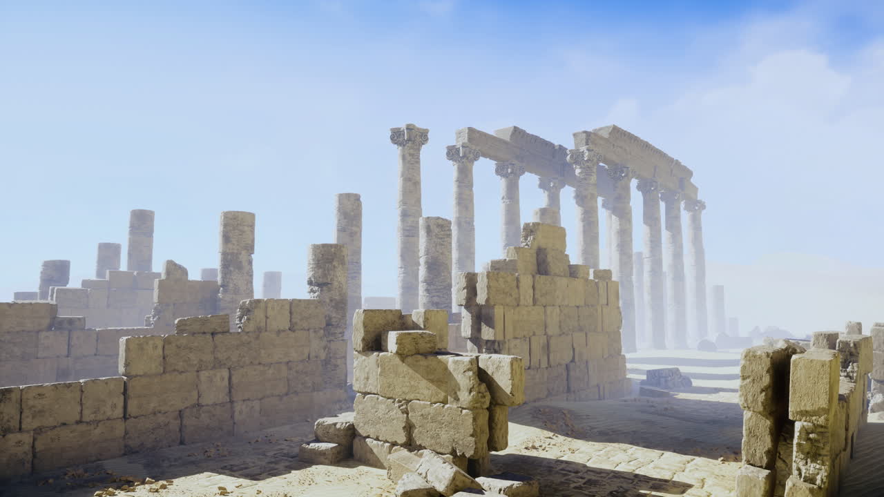 Ancient ruins with columns under a cloudy sky in a desolate landscape