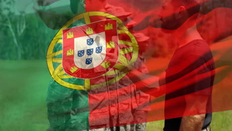 animation of flag of portugal over diverse male soldiers