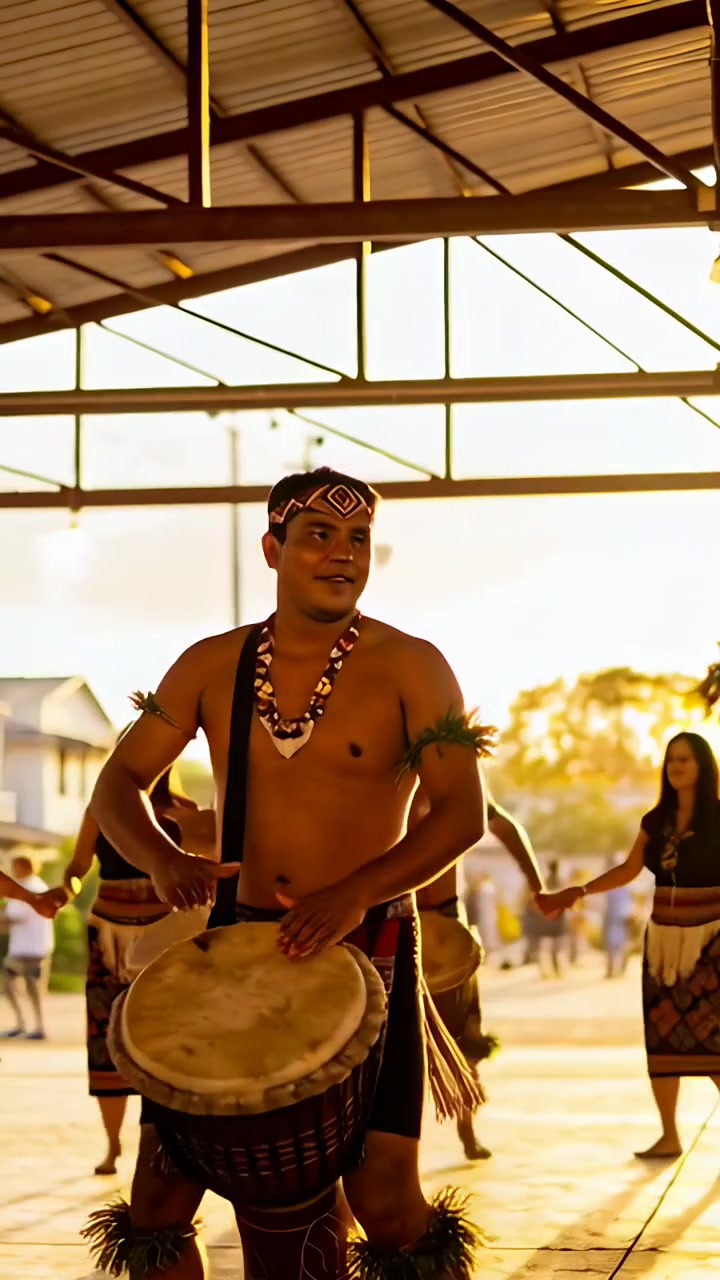 Vertical video: Starting shirtless lead drummer striking djembe at pavilion, celebrating tradition