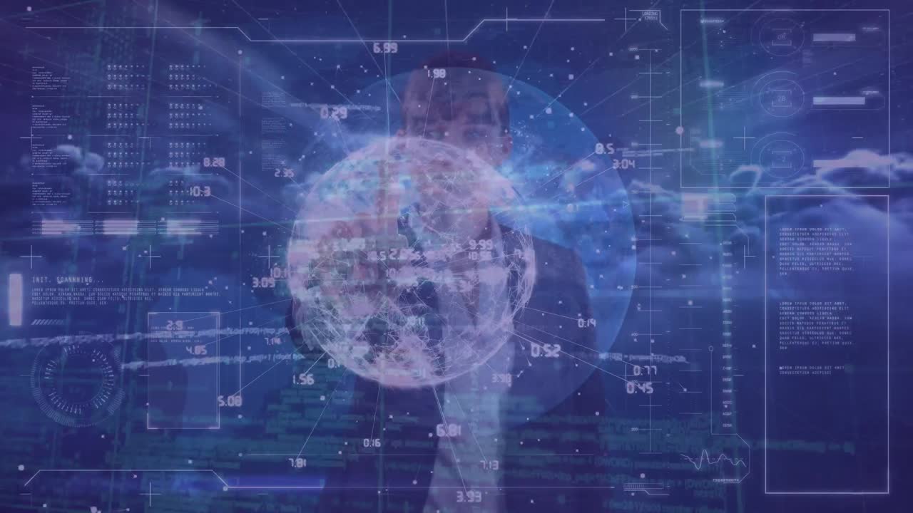 animación del globo y procesamiento de datos sobre una mujer de negocios caucásica en fondo azul