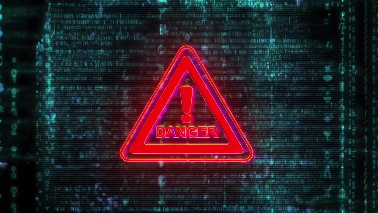 Red Neon Danger Warning Sign on Digital Glitch Background