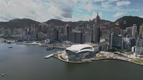 Aerial-of-the-Hong-Kong-Convention-and-Exhibition-Centre-and-city-skyline,-Wan-Chai,-Hong-Kong,-China