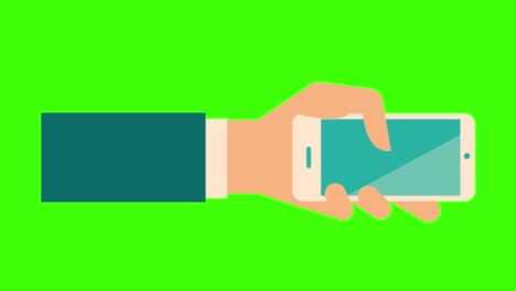 colorful simple animation of a human hand holding a phone isolated on a green screen in 4k