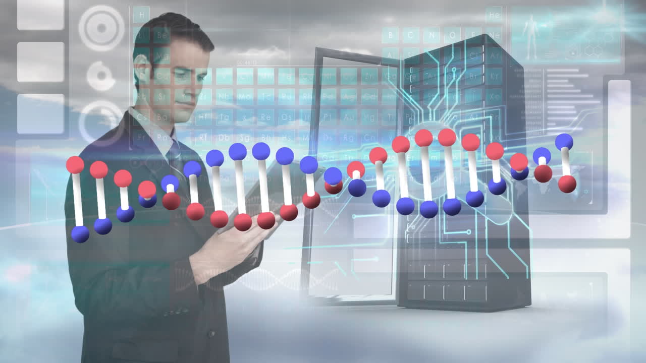 dna 사슬의 애니메이션, 태블릿과 클라우드에서 서버를 사용하는 백인 남자
