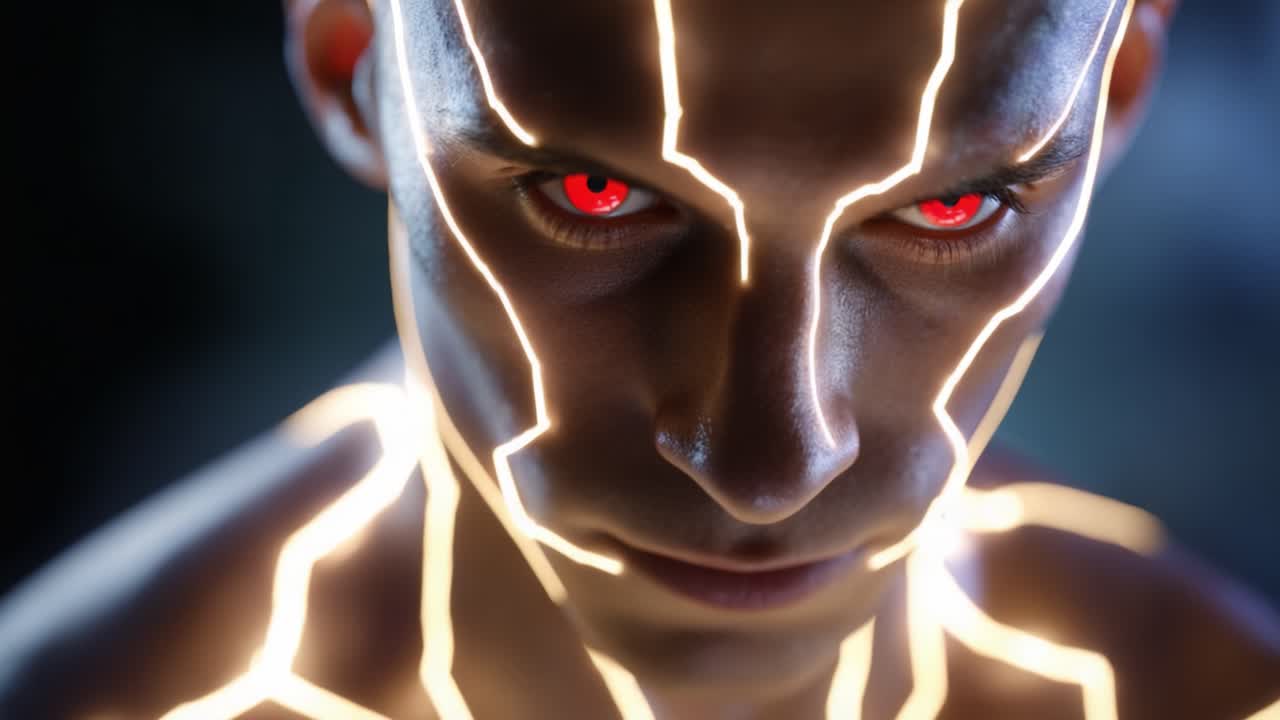 Un umanoide futuristico con motivi di circuiti illuminati sul viso, che mostra uno sguardo intenso, evidenziando la fusione di tecnologia ed emozione umana.