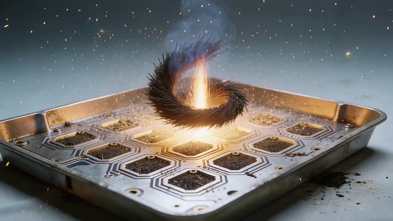 Powering hex coil under tray in lab causing iron filings ring levitating, sparking, smoking
