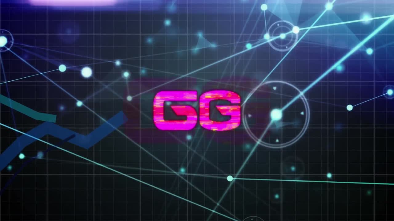 animación de texto de 6g en rosa sobre la red de comunicación y gráficos de procesamiento de datos en negro