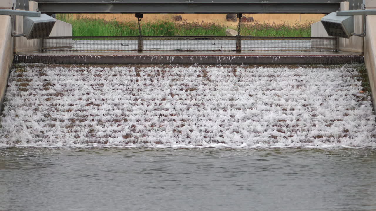 Water Management System. Waterfall Dam. Slow Motion Shot