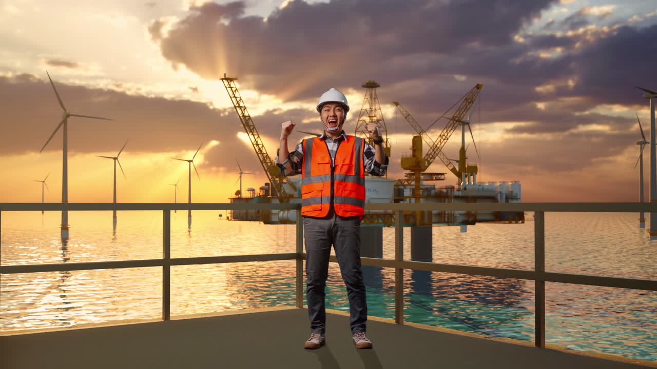 ingeniero emocionado en la plataforma de un parque eólico en alta mar al atardecer