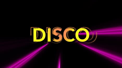 animation of disco text over neon light trails on black background