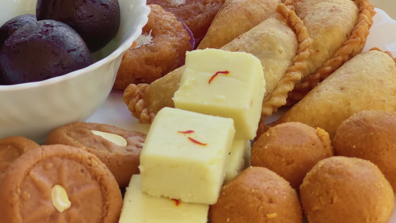 Turntable shot of an assorted selection of traditional Indian sweets including gulab jamun, peda, barfi, and gujiya, beautifully arranged on a plate with rich textures and warm tones