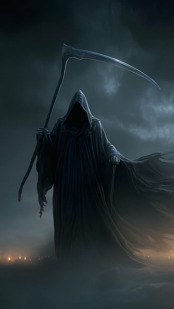 A Mysterious Figure Cloaked in Darkness with a Scythe, Emanating an Ominous Presence Against a Twilight Background Evoking Themes of Death and the Unknown
