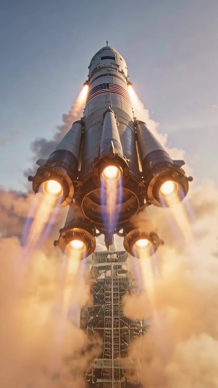 Vertical video: Engines igniting rocket lifting at launch pad showing US flag, making wake to orbit