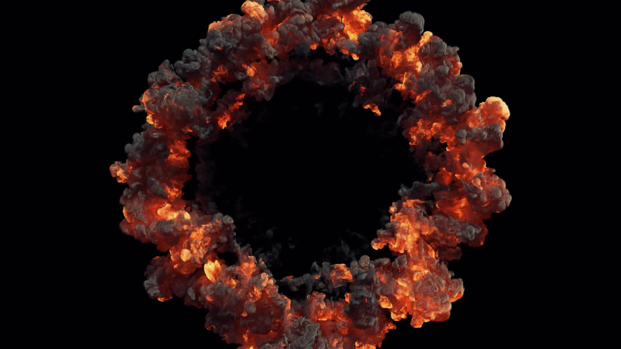 Dynamic Ring of Fire and Smoke Expanding on Black Background