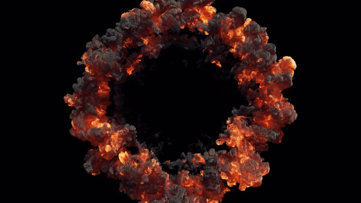Dynamic Ring of Fire and Smoke Expanding on Black Background