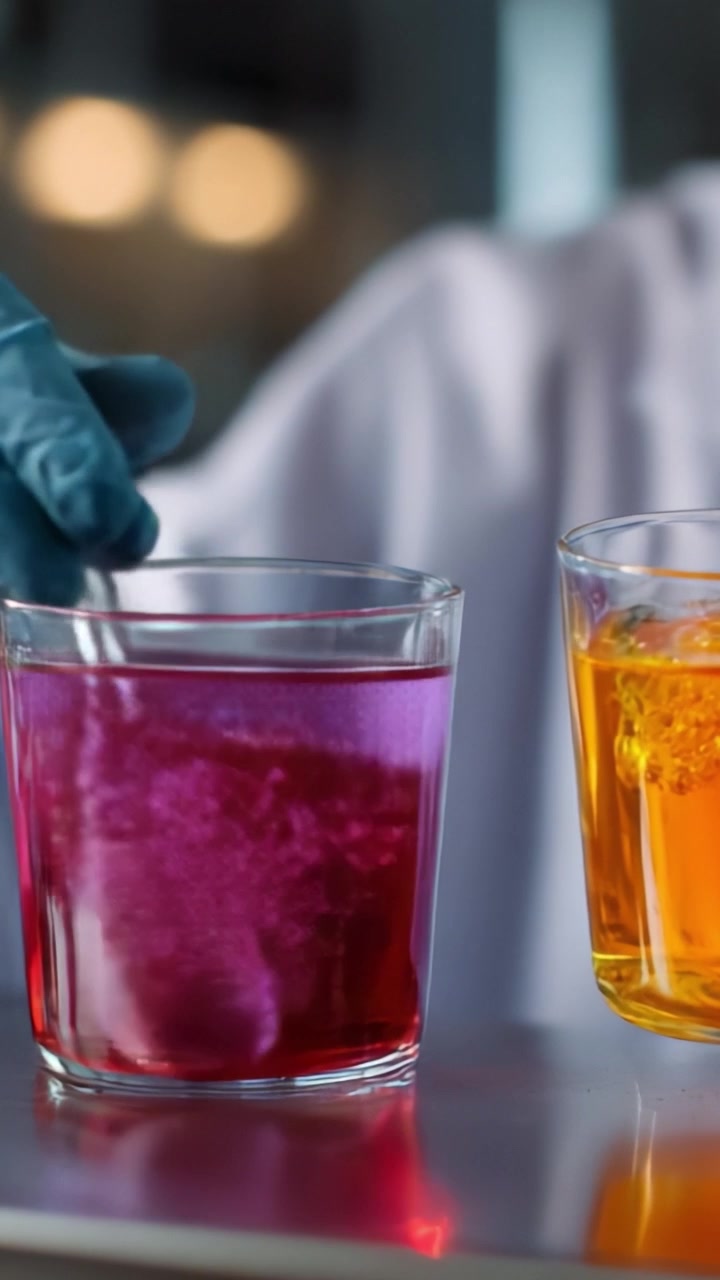 La trasformazione delle bevande colorate: Uno scienziato che mescola liquidi vivaci in vetreria da laboratorio, esplorando la chimica e le reazioni cromatiche nella dinamica dei fluidi