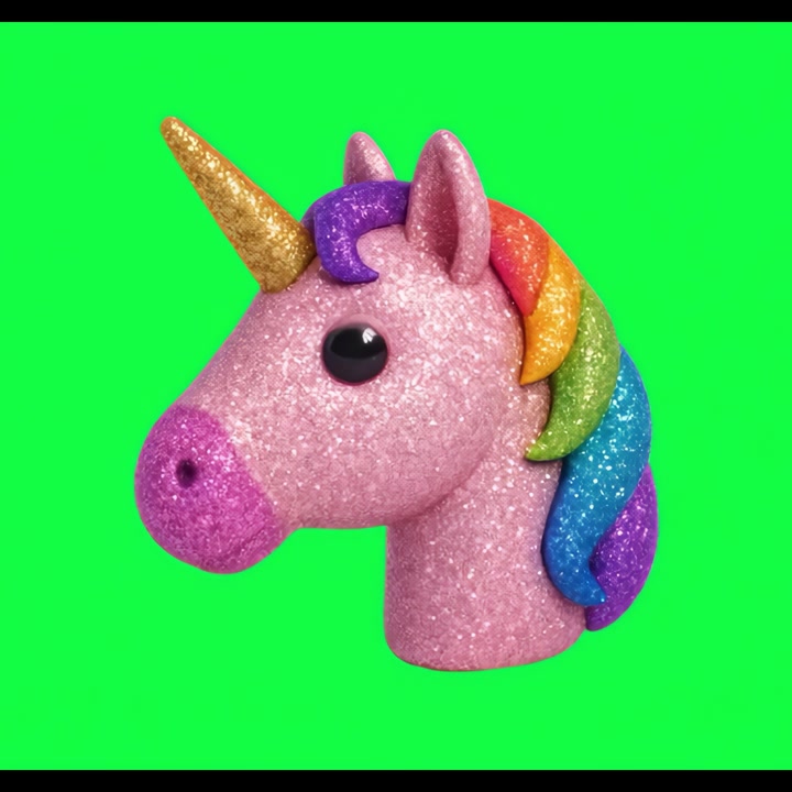 Animated Glitter Unicorn Emoji Blinking on Green Screen