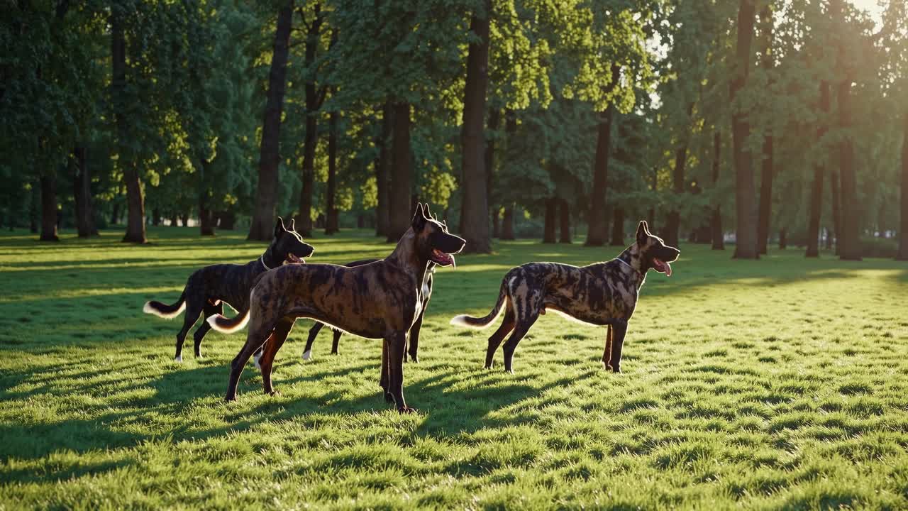 Video still of three dogs in a sunlit park, captured from a low angle