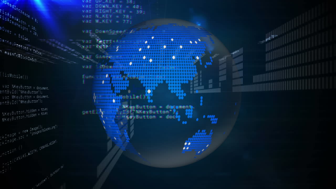 바이너리 코드로 회전하는 디지털 글로브의 애니메이션