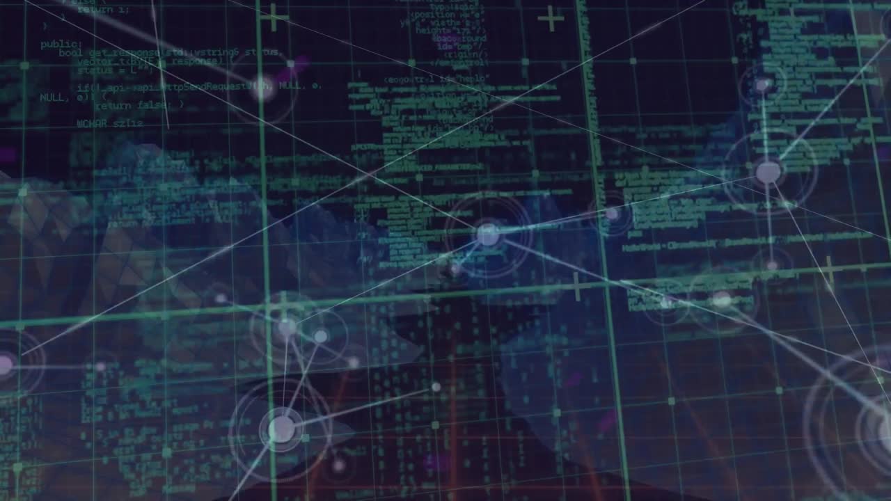 animación de montañas digitales con procesamiento de datos y red de conexiones sobre fondo negro