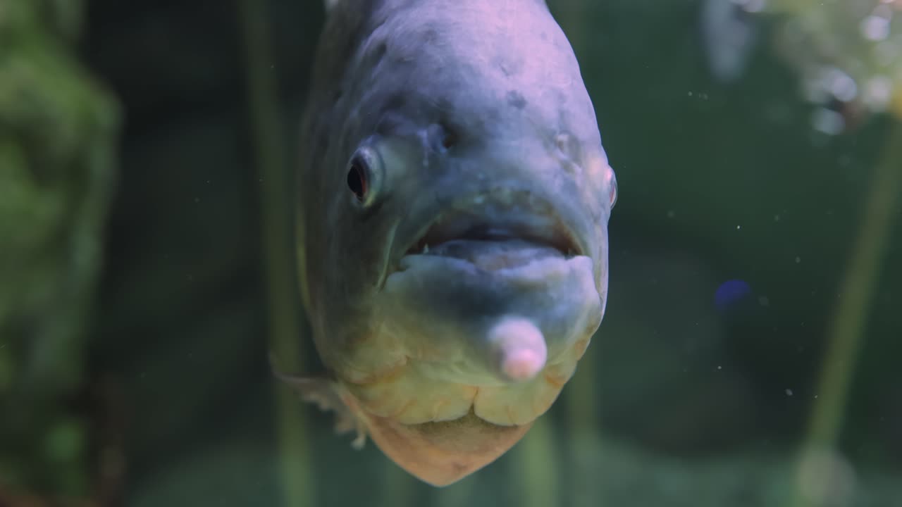 primer plano de un pez pacu o piranha en un acuario