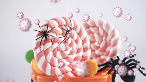 halloween-themed animation with candy, spiders, and covid-19 cells.