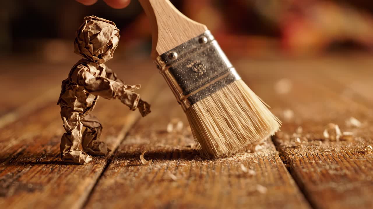 Figura di carta e pennello che spazzano segatura su una superficie di legno