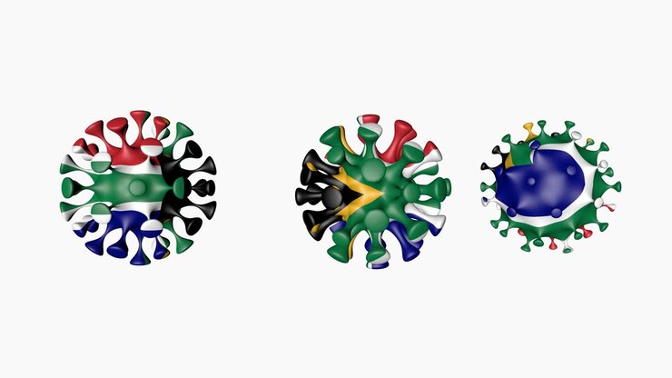 Animazione 3D Coronavirus 2019-nCoV del Sudafrica. Bandiera sudafricana in sfere virali covid19, su sfondo bianco. Canale alfa