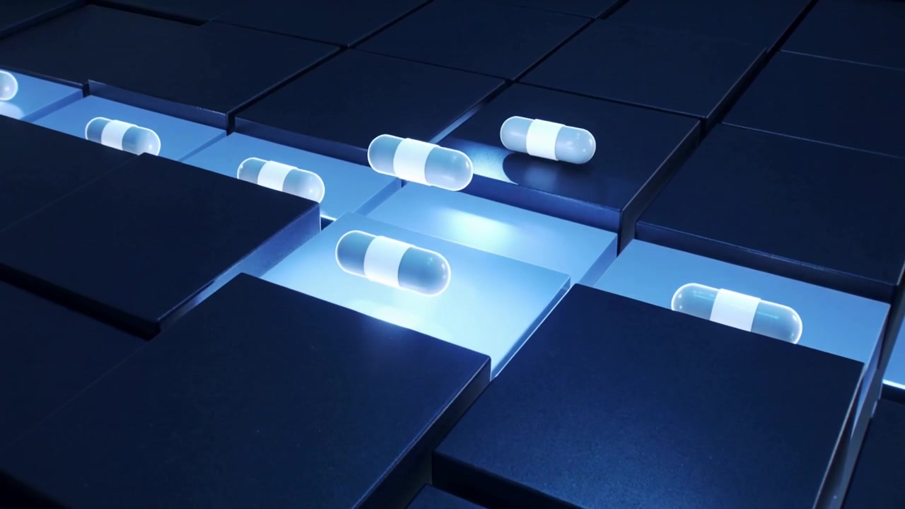 Seams opening, translucent twotone capsules rolling through seams onto dark grid with blue glow